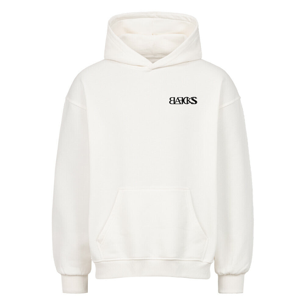 Blaeckss Oversized Hoodie in Weiß mit großem Rückenprint, 380 GSM Premium-Stoff, moderne Streetwear-Passform mit Drop Shoulders und Kapuze ohne Kordel.