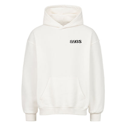 Blaeckss Oversized Hoodie in Weiß mit großem Rückenprint, 380 GSM Premium-Stoff, moderne Streetwear-Passform mit Drop Shoulders und Kapuze ohne Kordel.